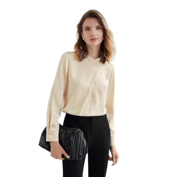 NEW MOTF X-Small Peach Beige Mock Neck Blouse Yoke Box Pleat Shirt tail Office - Picture 3 of 15